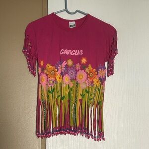 Pink Cancun Fringe T-Shirt with Floral Design